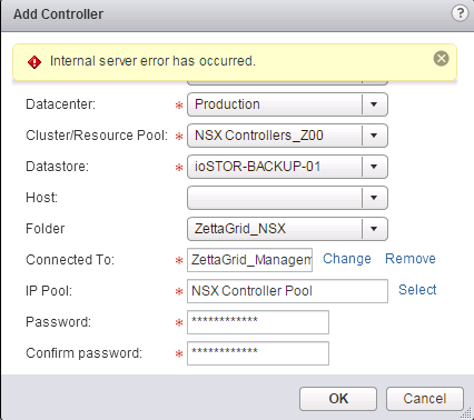 NSX vCloud Retrofit: Controller Deployment Internal Server Error Has Occurred