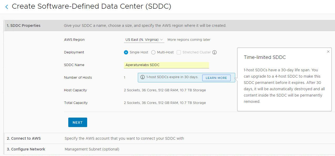 Creating a Single Host SDDC for VMware Cloud on AWS