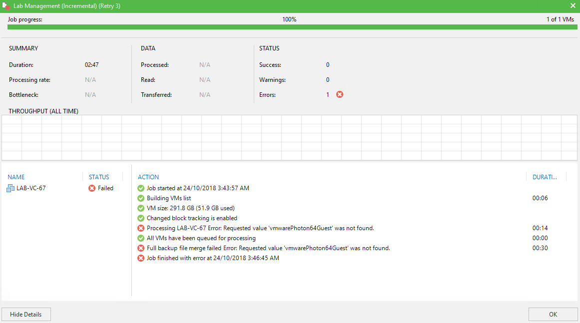 Backing up 6.7 Update 1 VCSA to Cloud Connect Fails