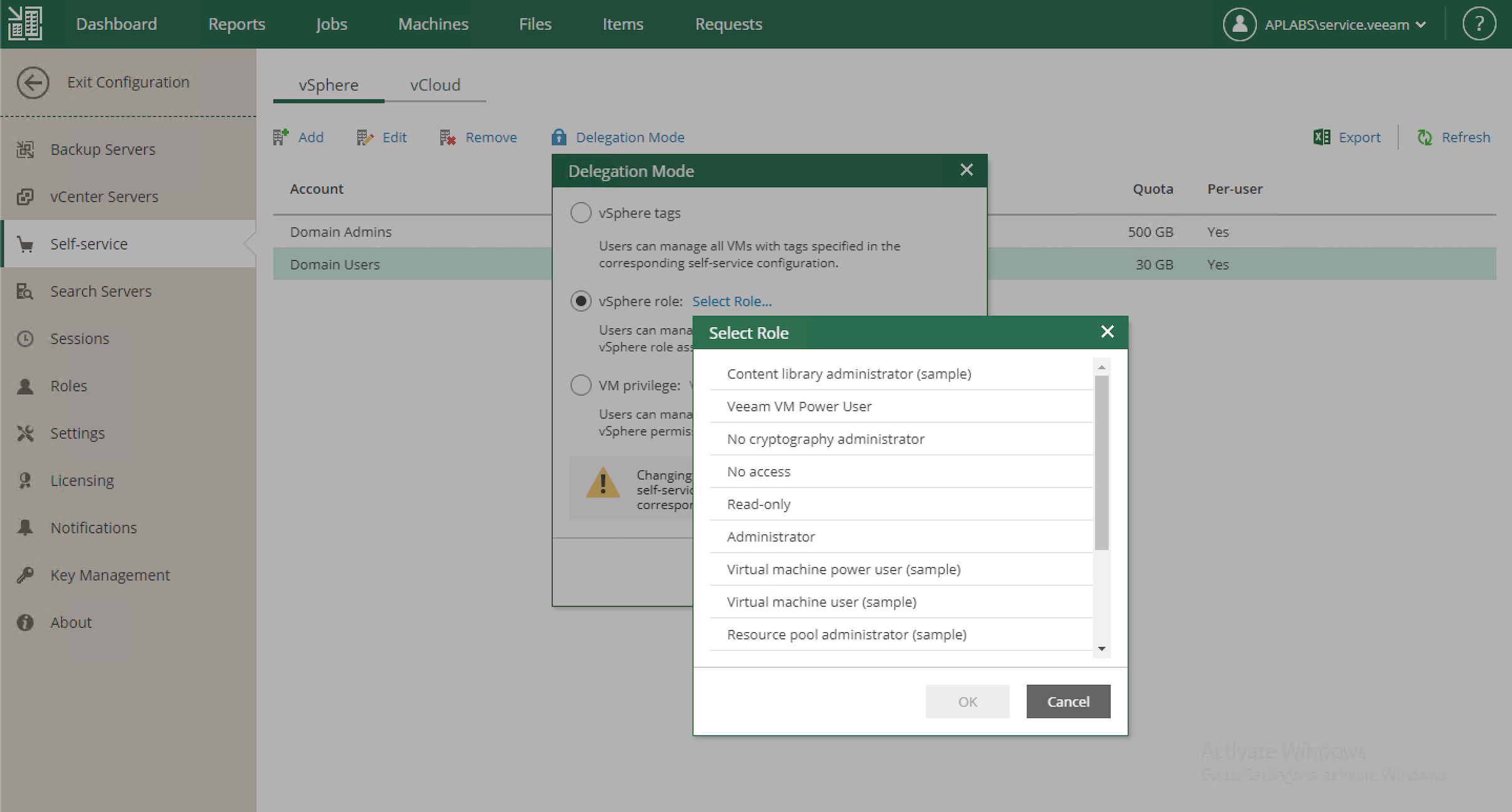Update 4 for Service Providers - Self Service Backup through RBAC for vSphere